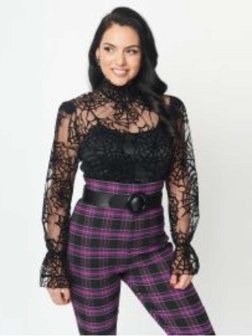 Unique Vintage Sheer Black Long-Sleeve Mesh Top with Velvet Spiderweb Pattern